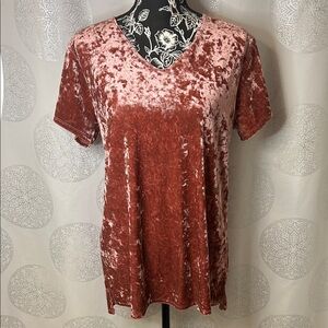 MTS Crushed Velvet V-Neck Short Sleeve Top in Pink Rose Women’s Small